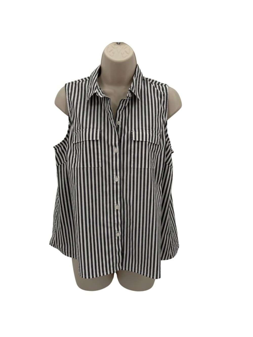 J.Jill Black & White Striped Sleeveless Button-Down Top Petite Medium